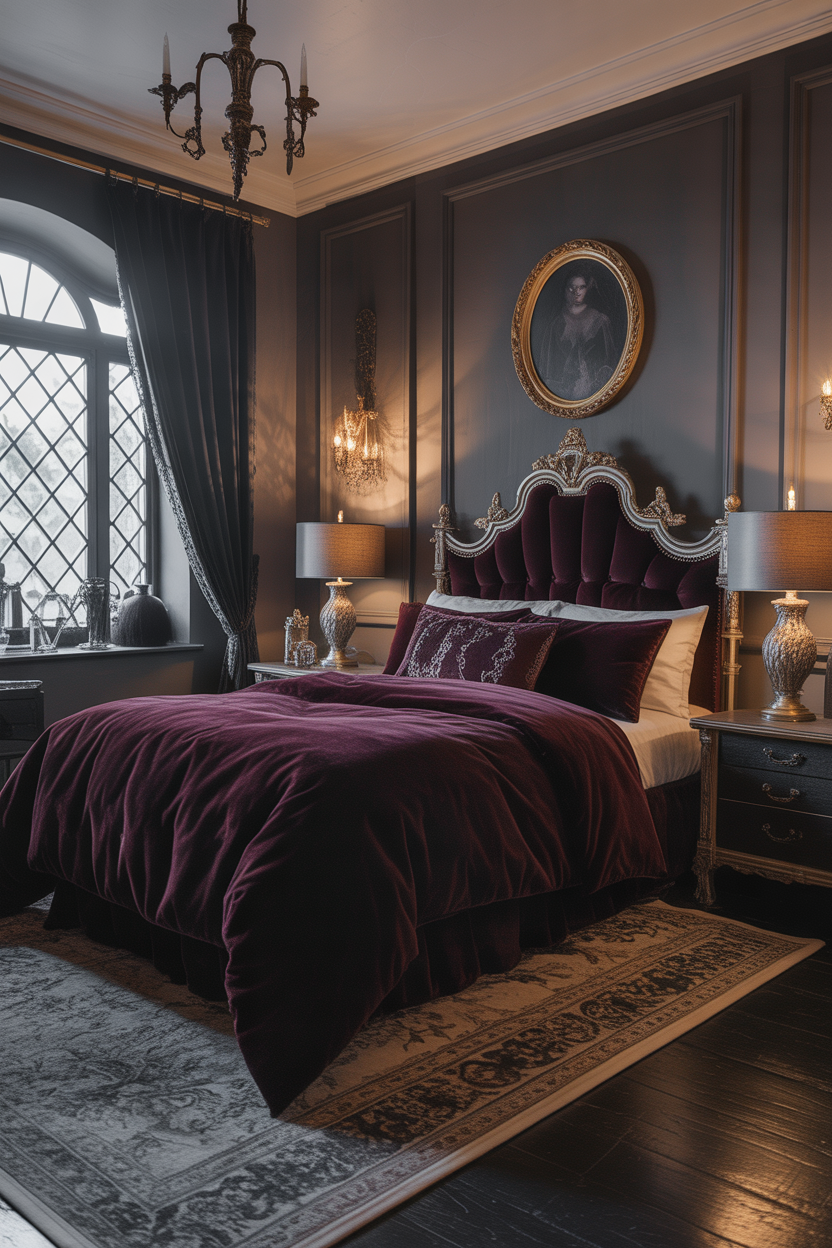 dark & moody bedroom ideas with velvet gothic bedding