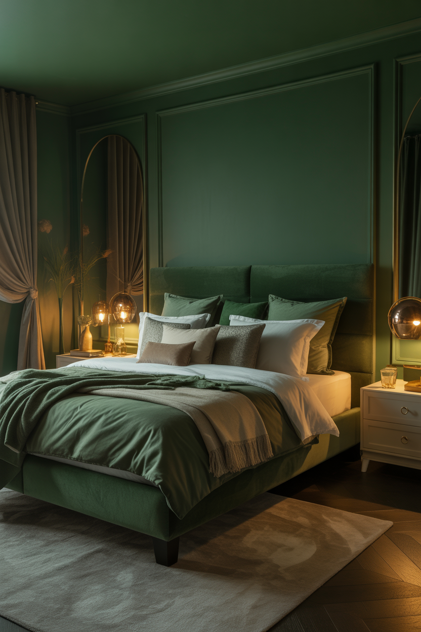Green velvet headboard in guest bedroom with layered pillows and luxury accents