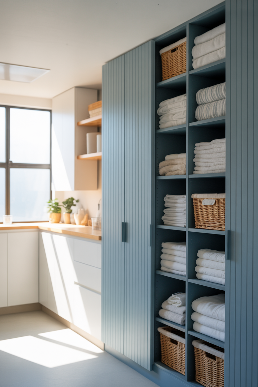 vertical blue storage cabinets in a small laundry room