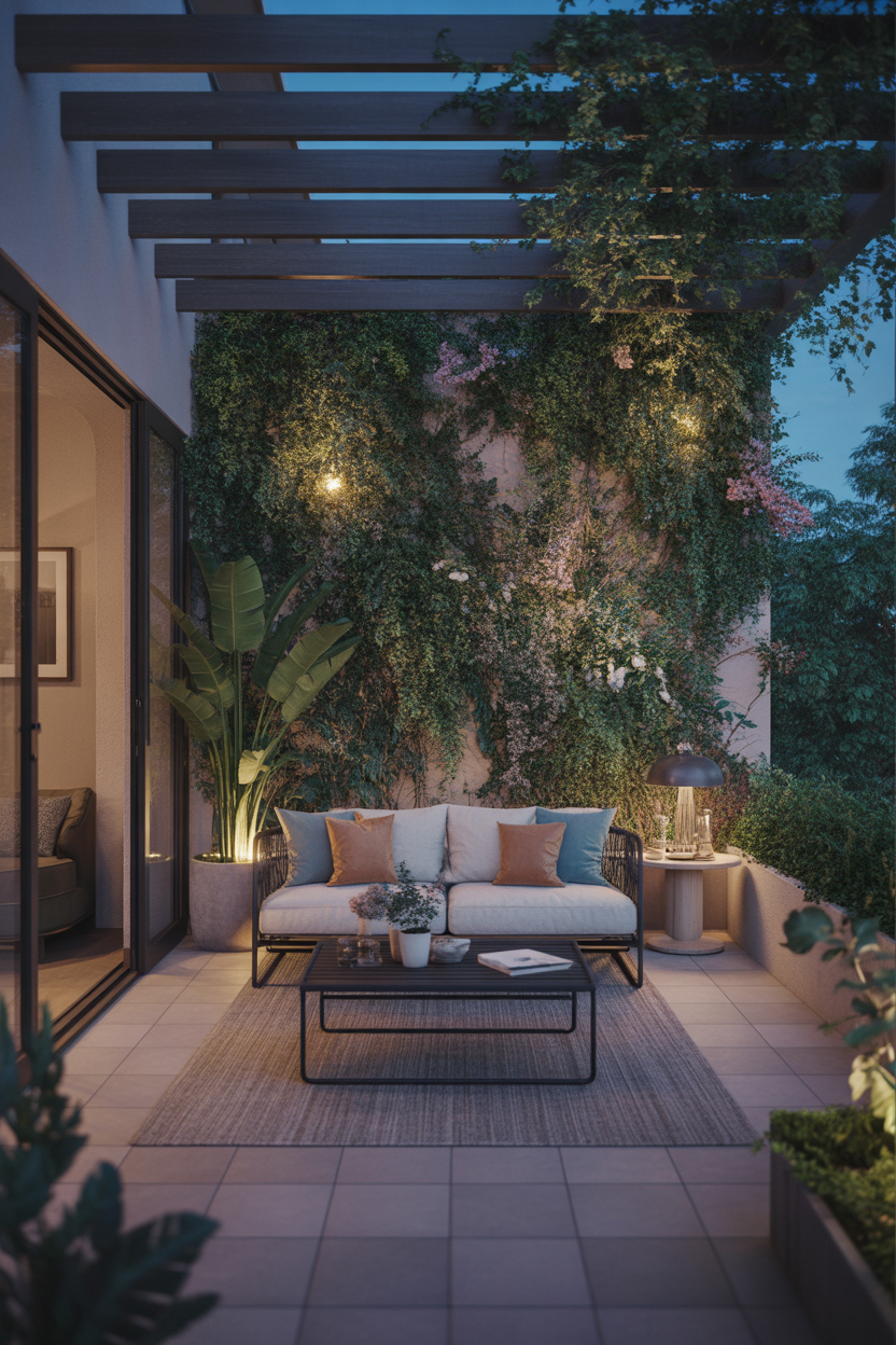 Vertical garden wall ideas for a covered patio with a cozy luxury vibe