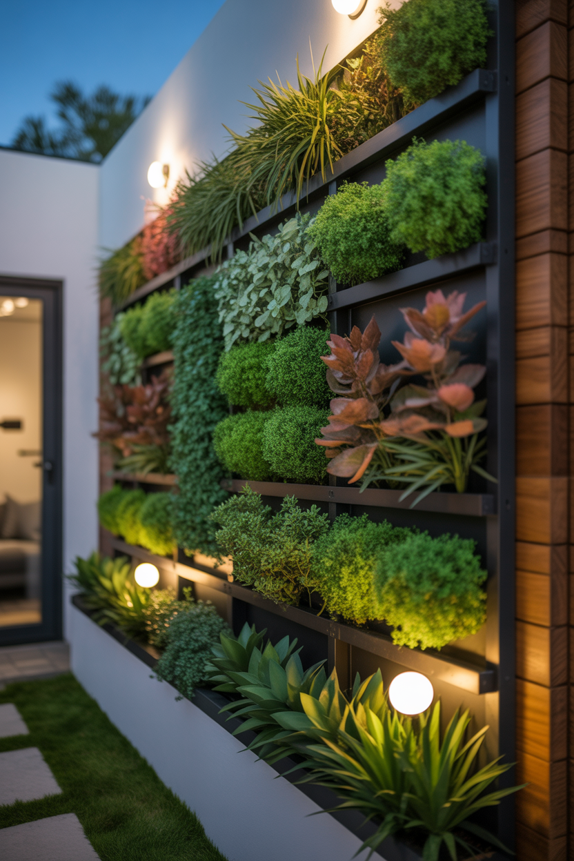 small backyard ideas with vertical garden and cozy lighting
