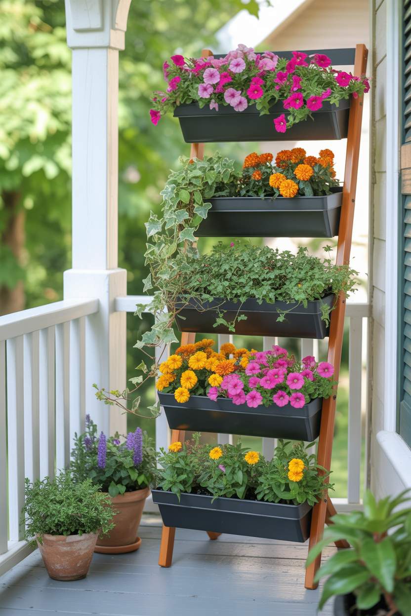 vertical summer front porch flower pot ideas for small spaces