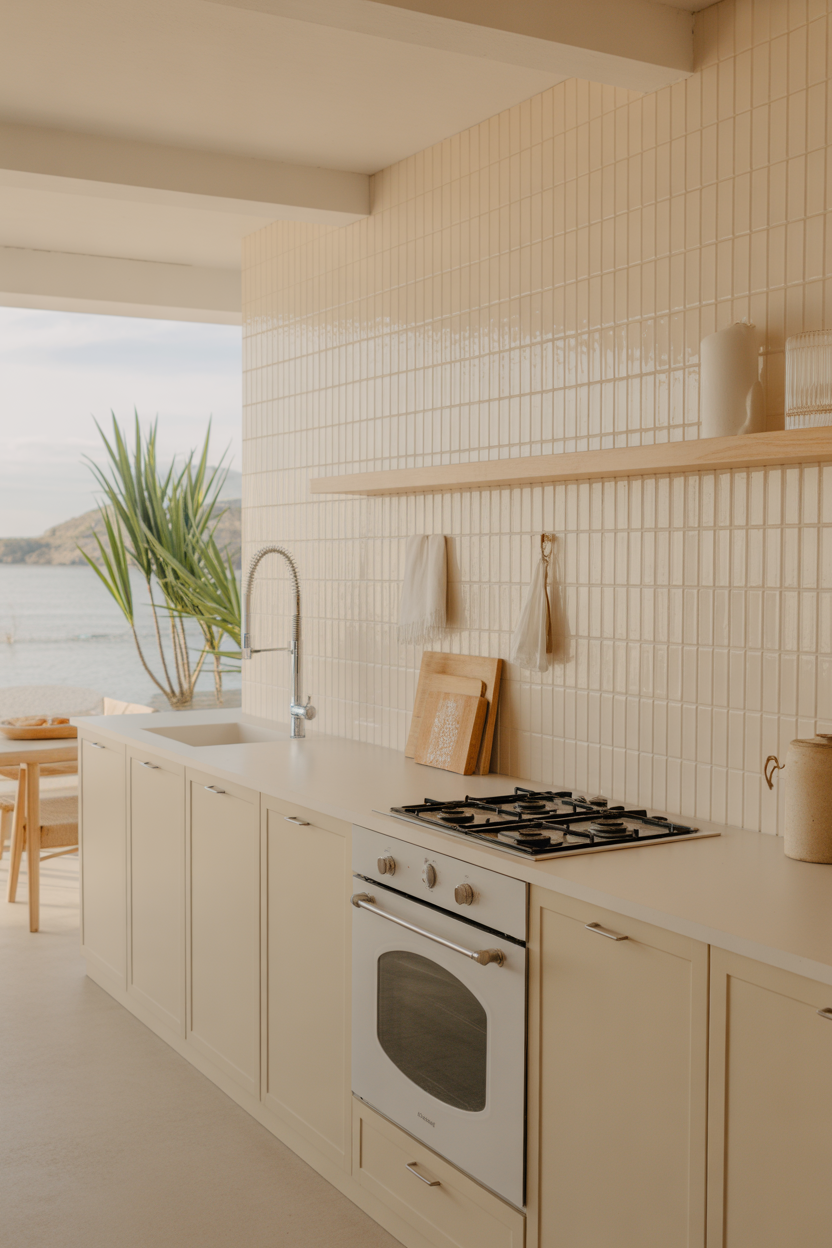 Vertical subway coastal backsplash adding modern and tall design effect