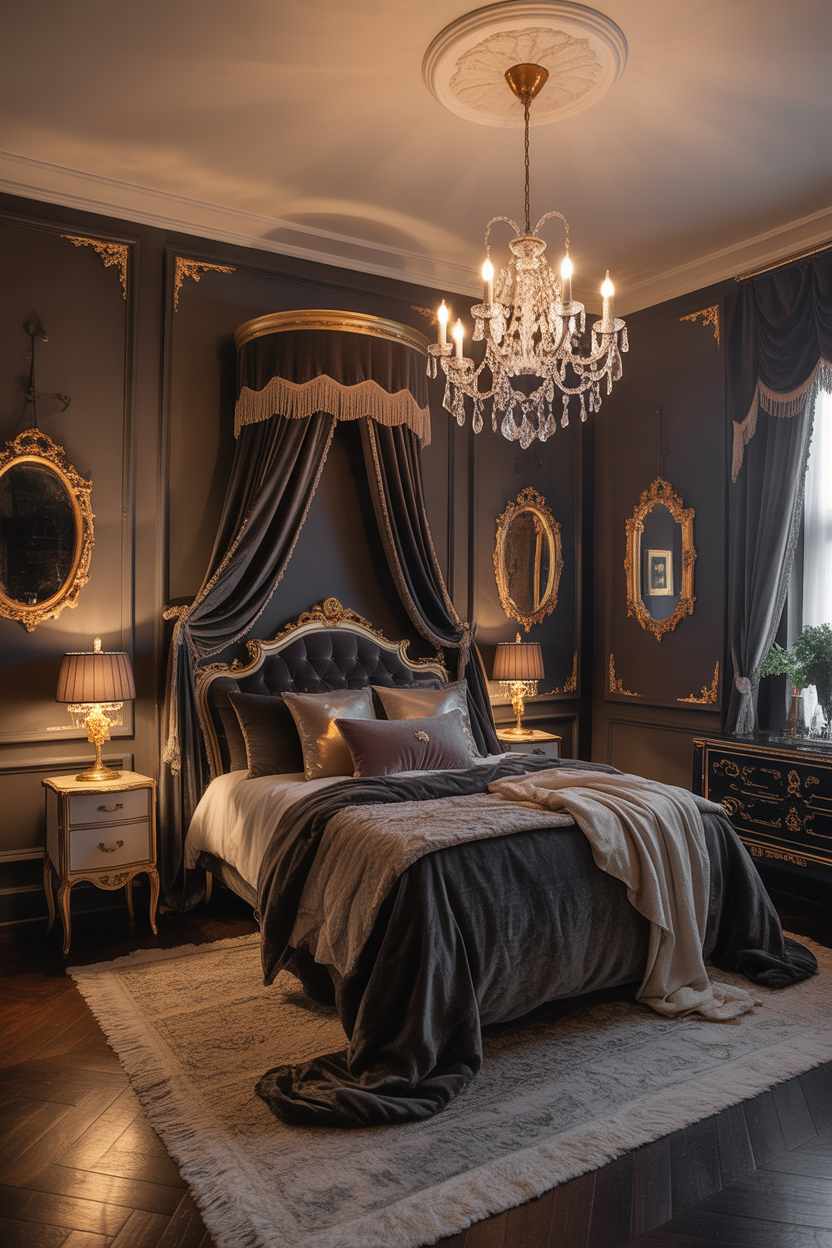 dark & moody bedroom ideas with Victorian gothic glam style