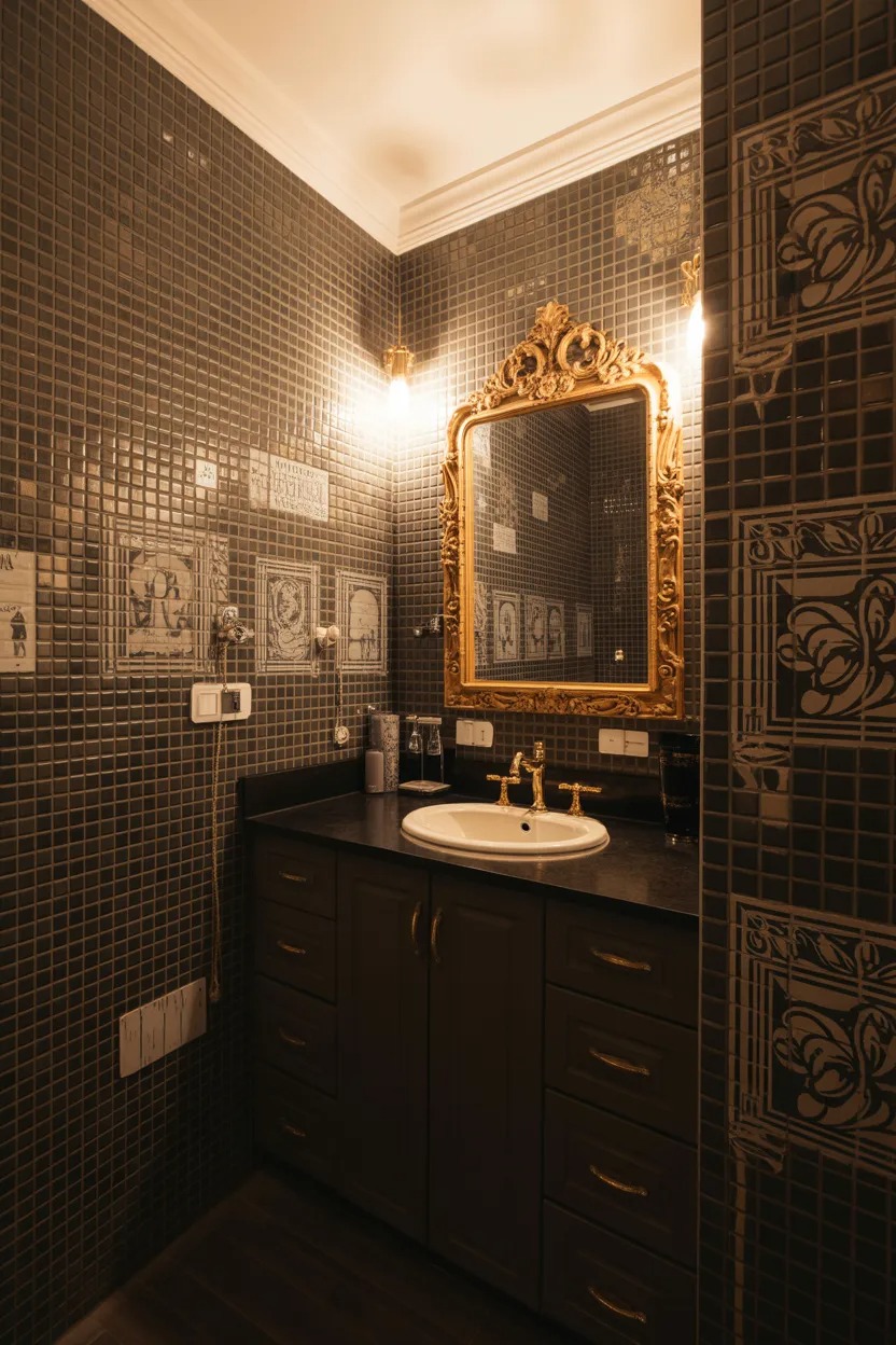 Art Deco black and gold bathroom with geometric tiles, ornate mirror, and brass sconce for vintage glamour