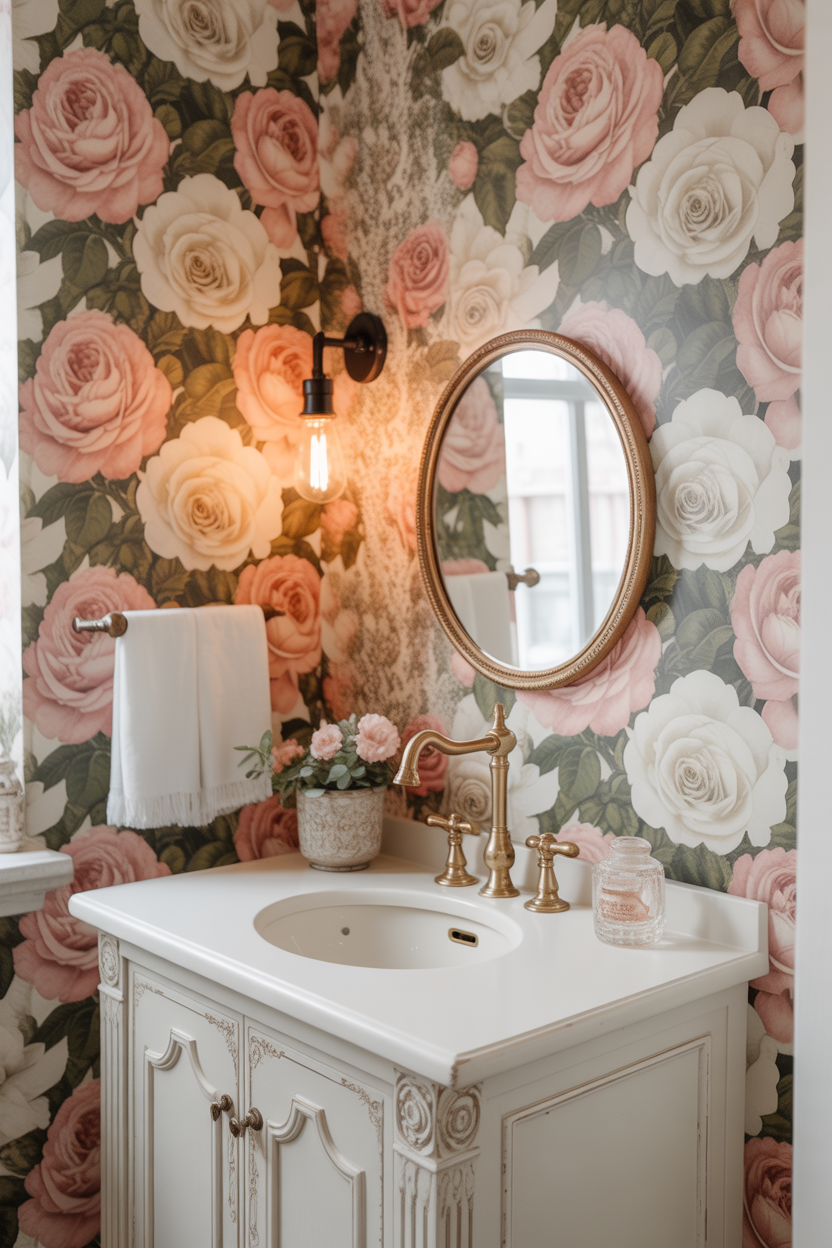 Romantic vintage garden rose floral wallpaper in a cottage-style powder room with unlacquered brass fixtures and a warm Edison sconce