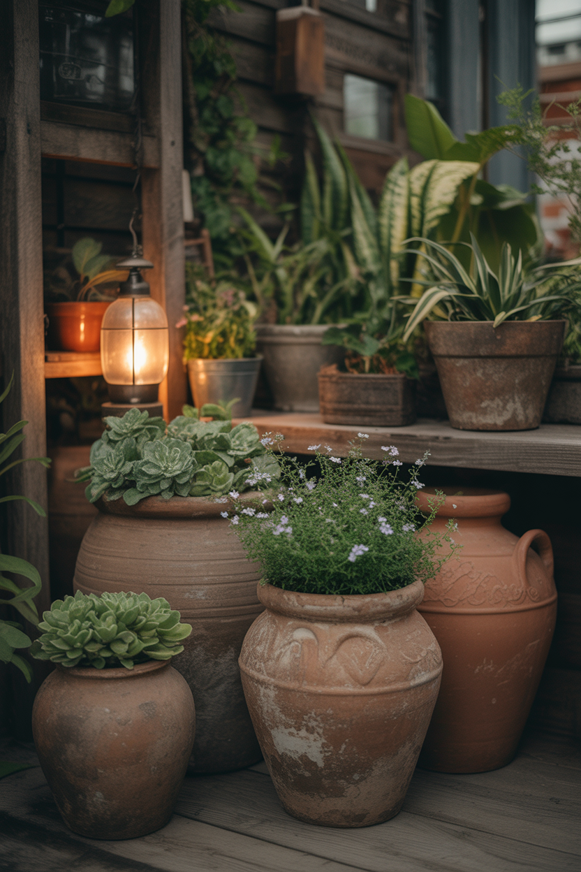 vintage garden decor ideas, antique clay pots, rustic backyard aesthetic
