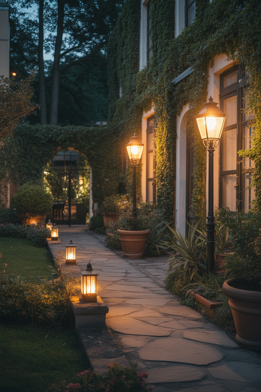vintage garden decor ideas, lantern pathway, cozy romantic night garden