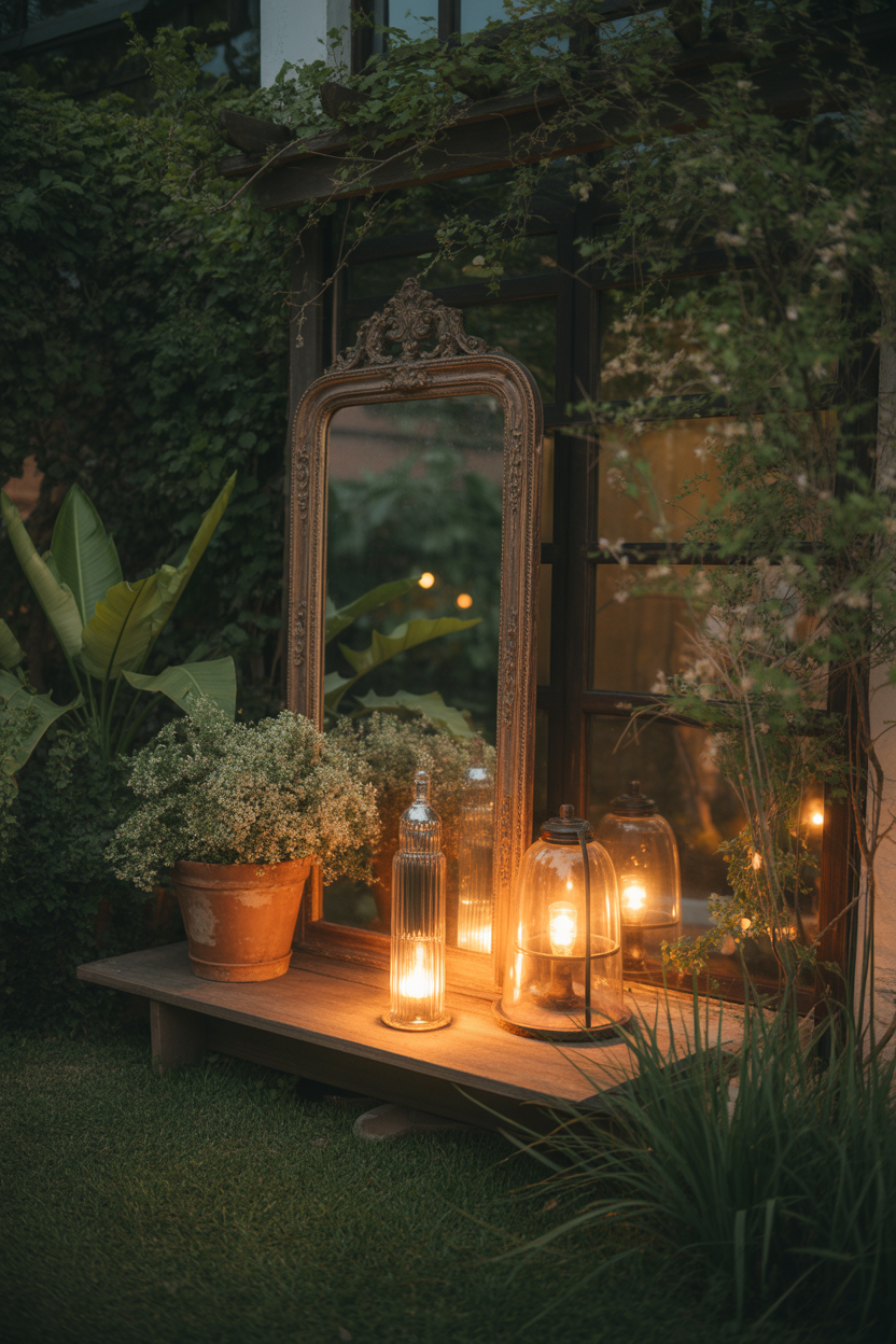 vintage garden decor ideas, antique mirror wall, cozy aesthetic, backyard