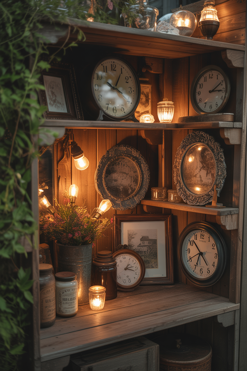 garden decor ideas, antique accessories, cozy backyard display, corner