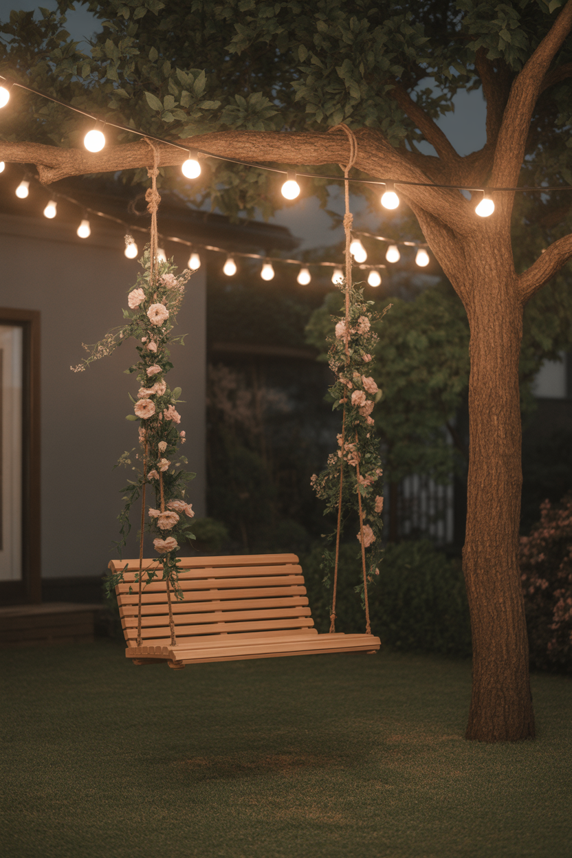 vintage garden decor ideas, floral tree swing, romantic backyard night