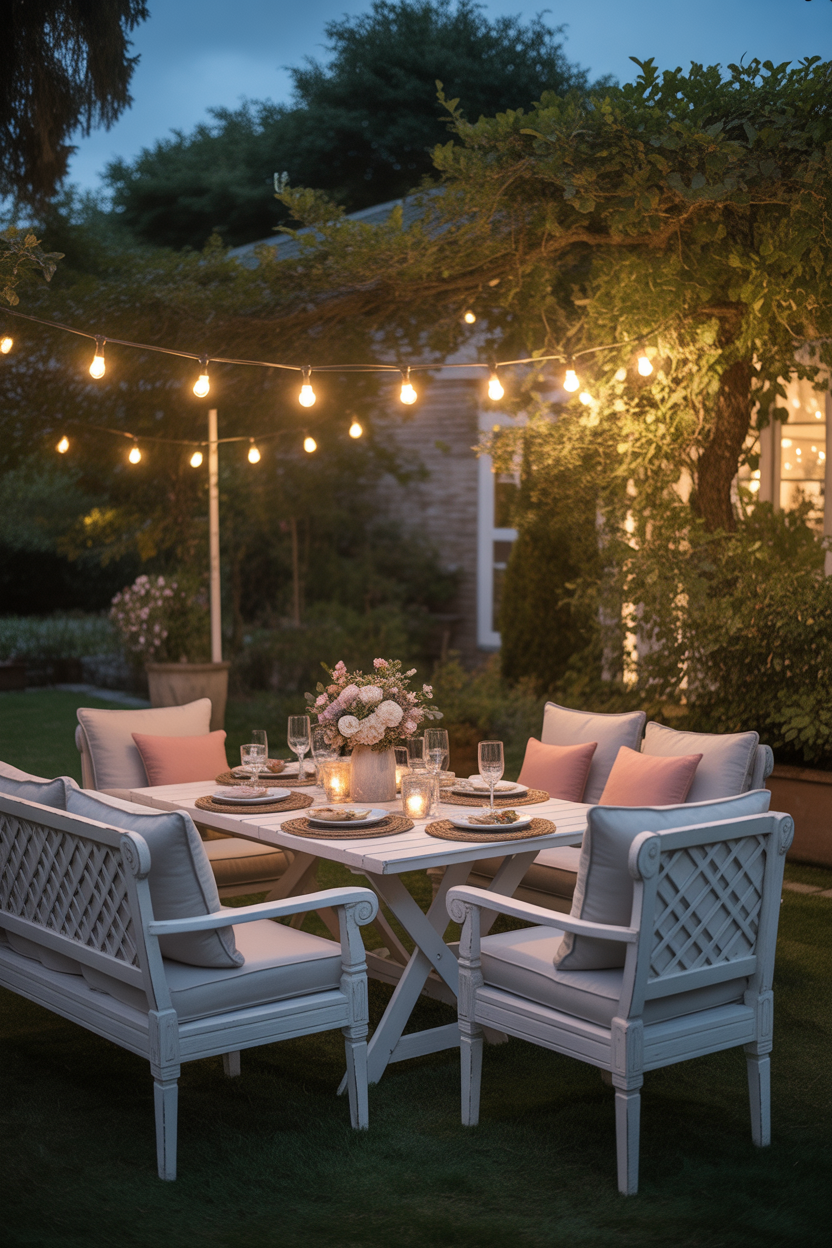 vintage garden decor ideas, shabby chic furniture, cozy romantic backyard