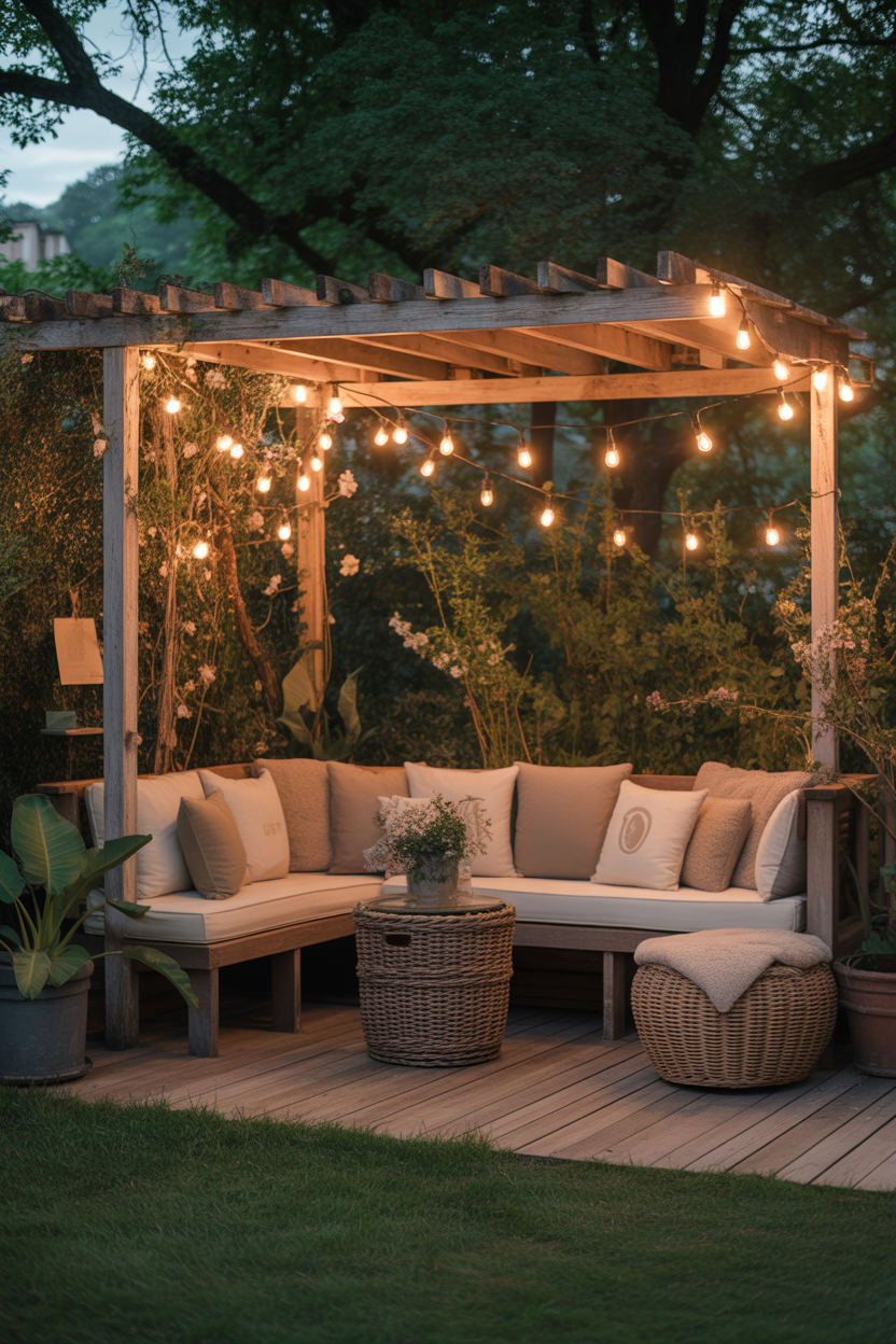vintage garden decor ideas rustic wooden seating cozy backyard night glow