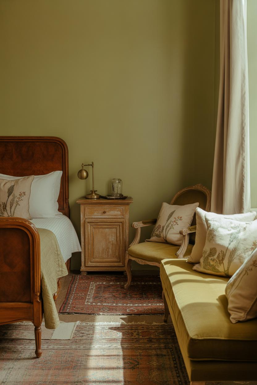 Cozy small sage green guest bedroom with layered linens and light wood