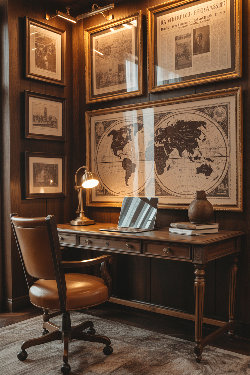 Framed vintage map and newspaper wall art in rustic home decor style with antique aesthetic feel