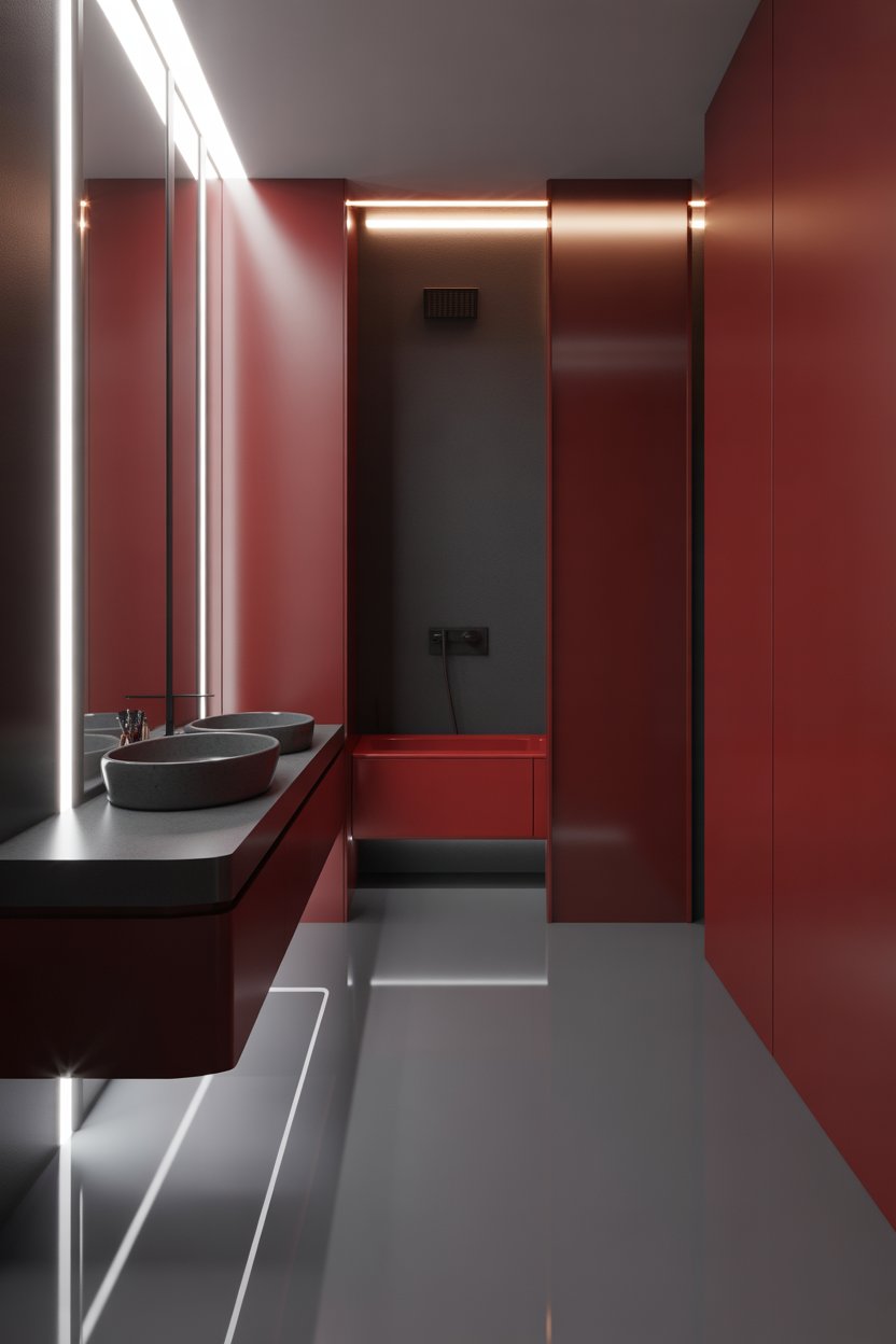 Vintage red bathroom with clawfoot tub, black and white floor tiles, and antique brass fixtures for old world glamour