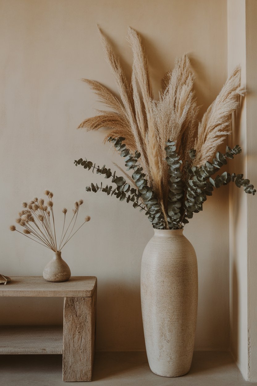 Wabi sabi living room corner with dried pampas grass and eucalyptus in a handmade ceramic floor vase against a limewash wall