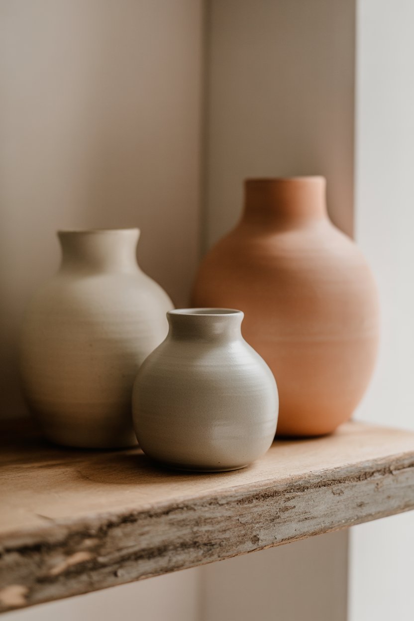 Wabi sabi living room shelf with handmade matte ceramic vessels in cream and terracotta tones in natural light