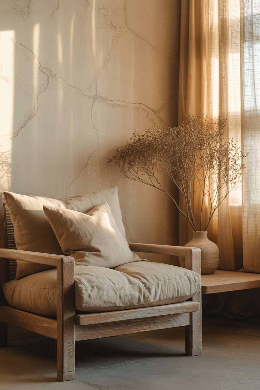 warm wabi sabi living room with soft lighting, rustic textures and calm cozy atmosphere