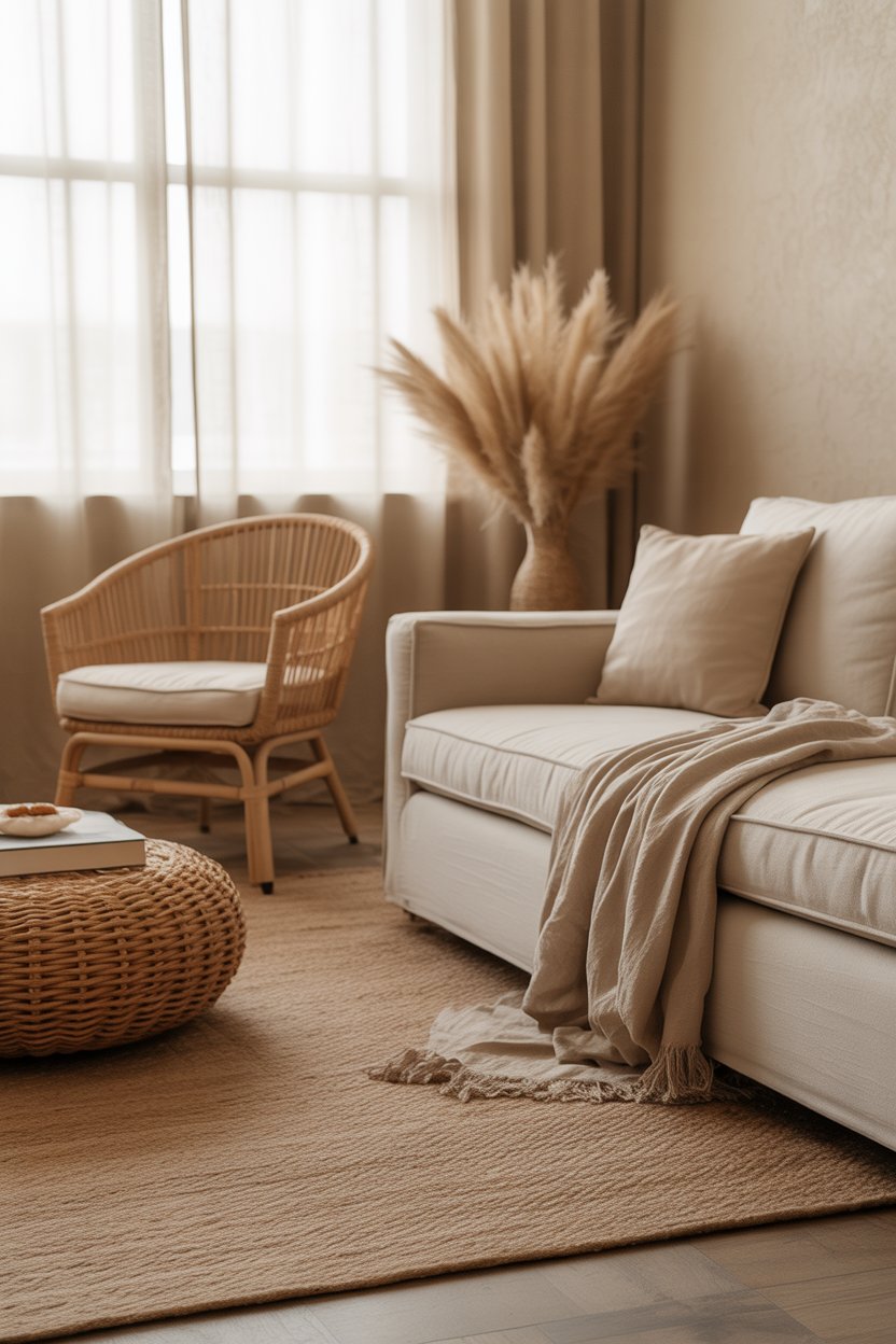 Wabi sabi living room with jute rug, rattan accent chair and linen throw in warm natural tones