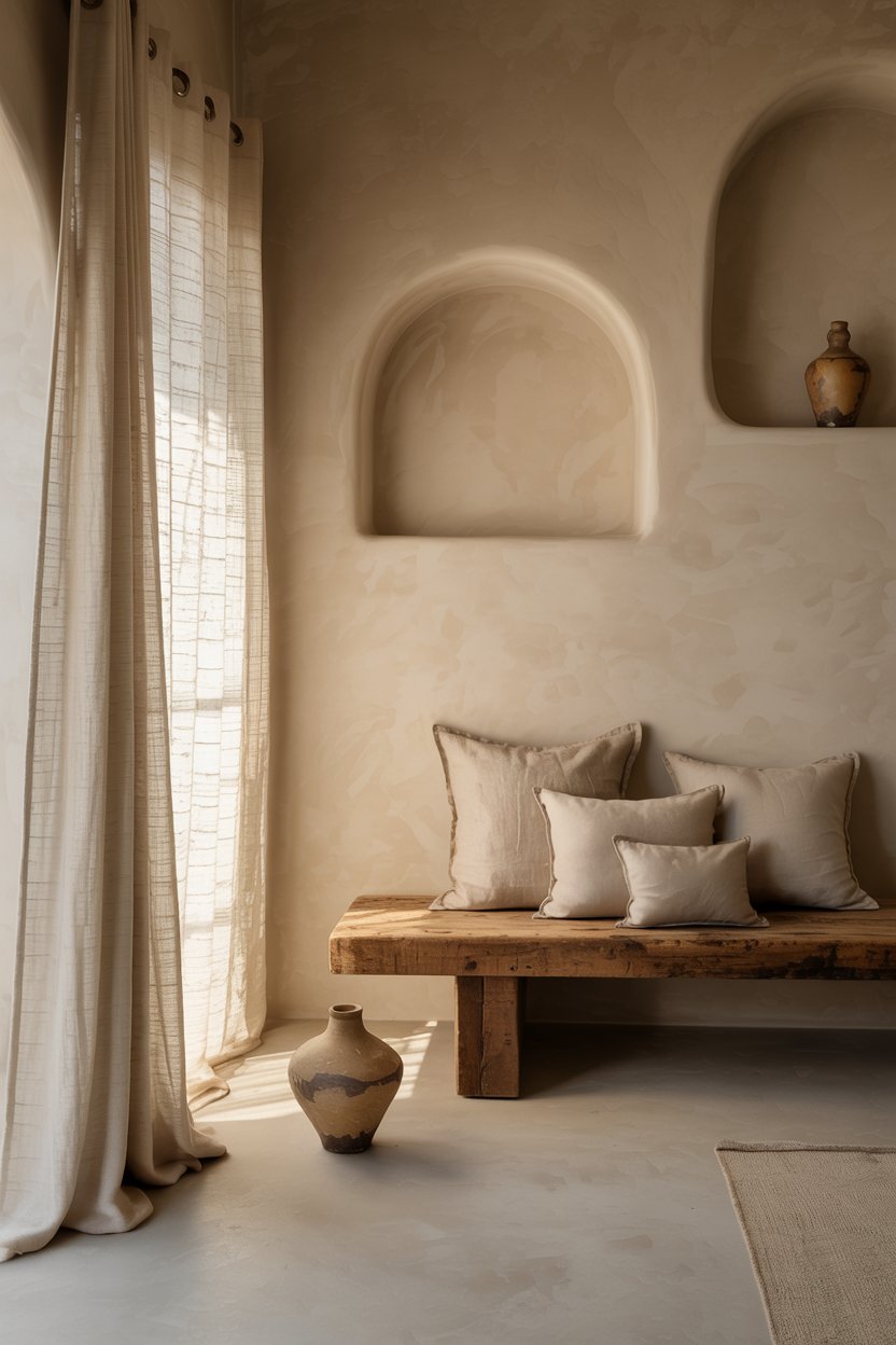 Wabi sabi living room with limewash plaster walls, linen curtains, and a handmade ceramic vase in warm natural light