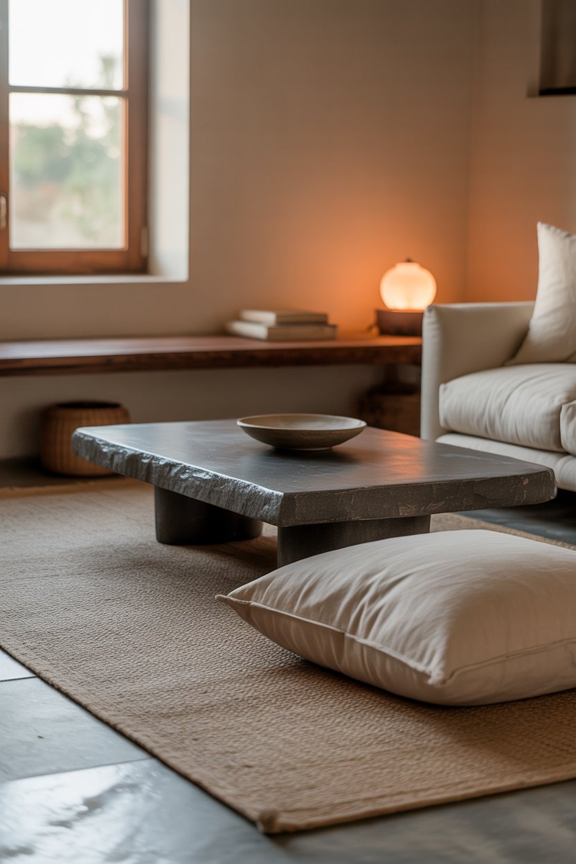 Wabi sabi living room with raw stone slab, low coffee table, linen floor cushions, and jute rug in natural light