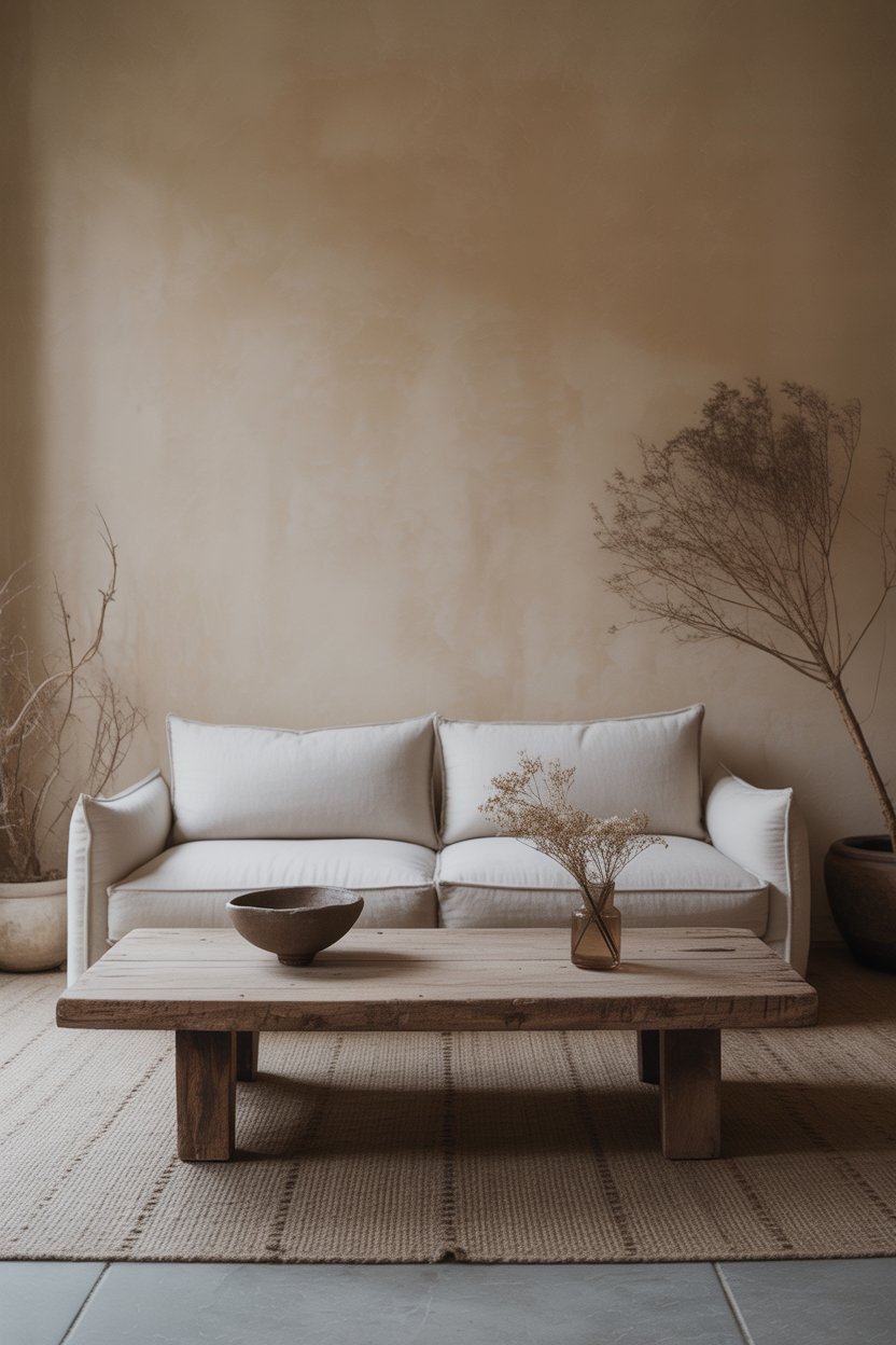 Minimal wabi sabi living room with intentional negative space, reclaimed wood coffee table, and single handmade ceramic bowl