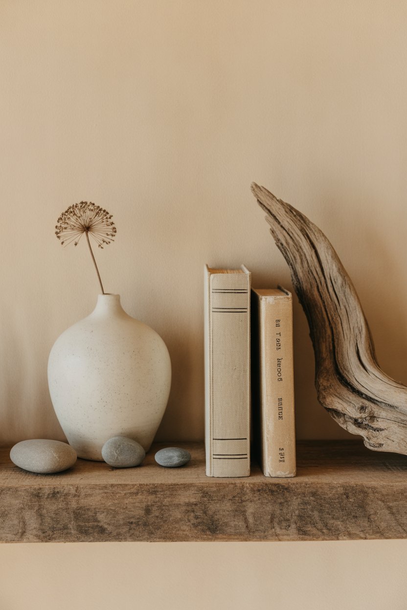 Wabi sabi open shelf with handmade ceramics, river stones, and dried botanicals on reclaimed wood against a limewash wall
