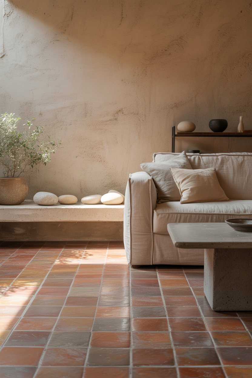 Wabi sabi living room with terracotta floor tiles, concrete coffee table, and smooth river stones in natural light