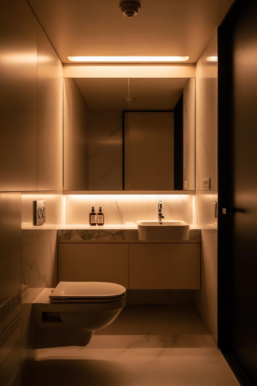 Wall-mounted fixtures, compact, small bathroom, modern design