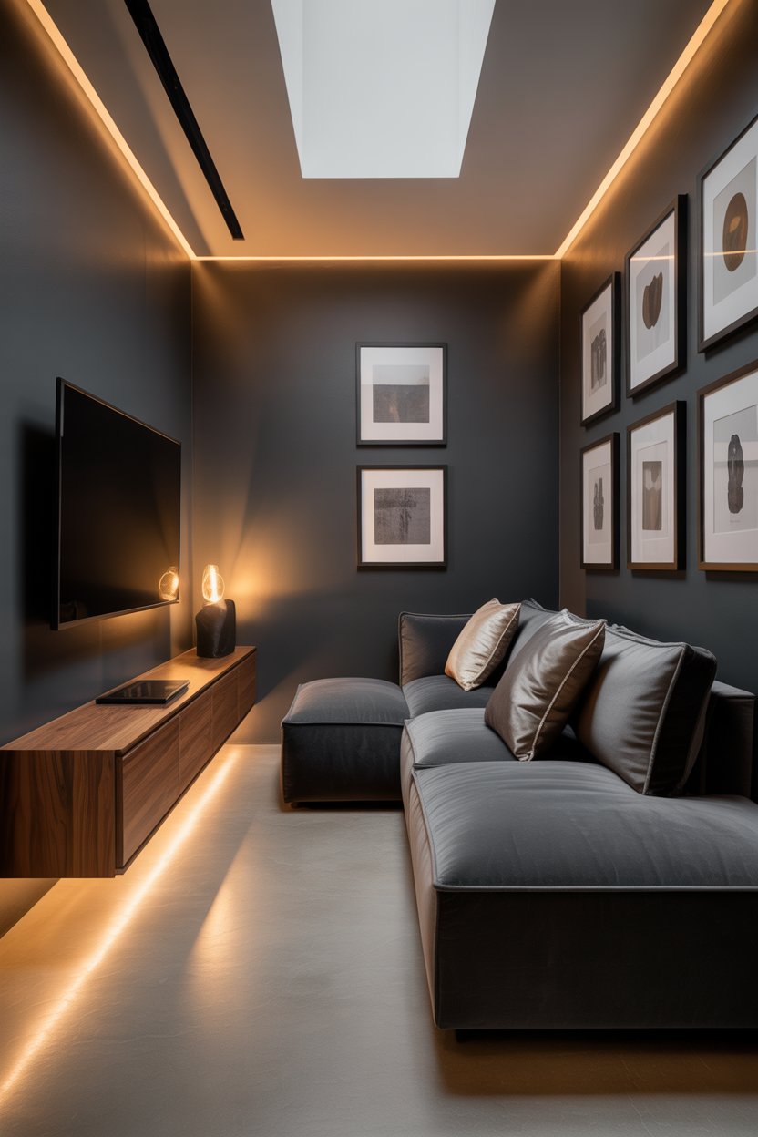 Small boho living room with wall-mounted decor and clean open floor