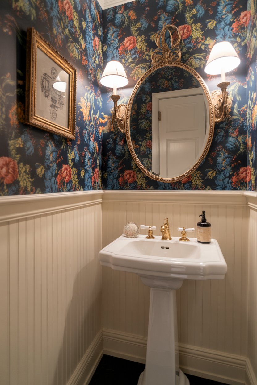 White beadboard wainscoting below and navy floral wallpaper above in an elegant powder room with a brass sconce and an ornate mirror