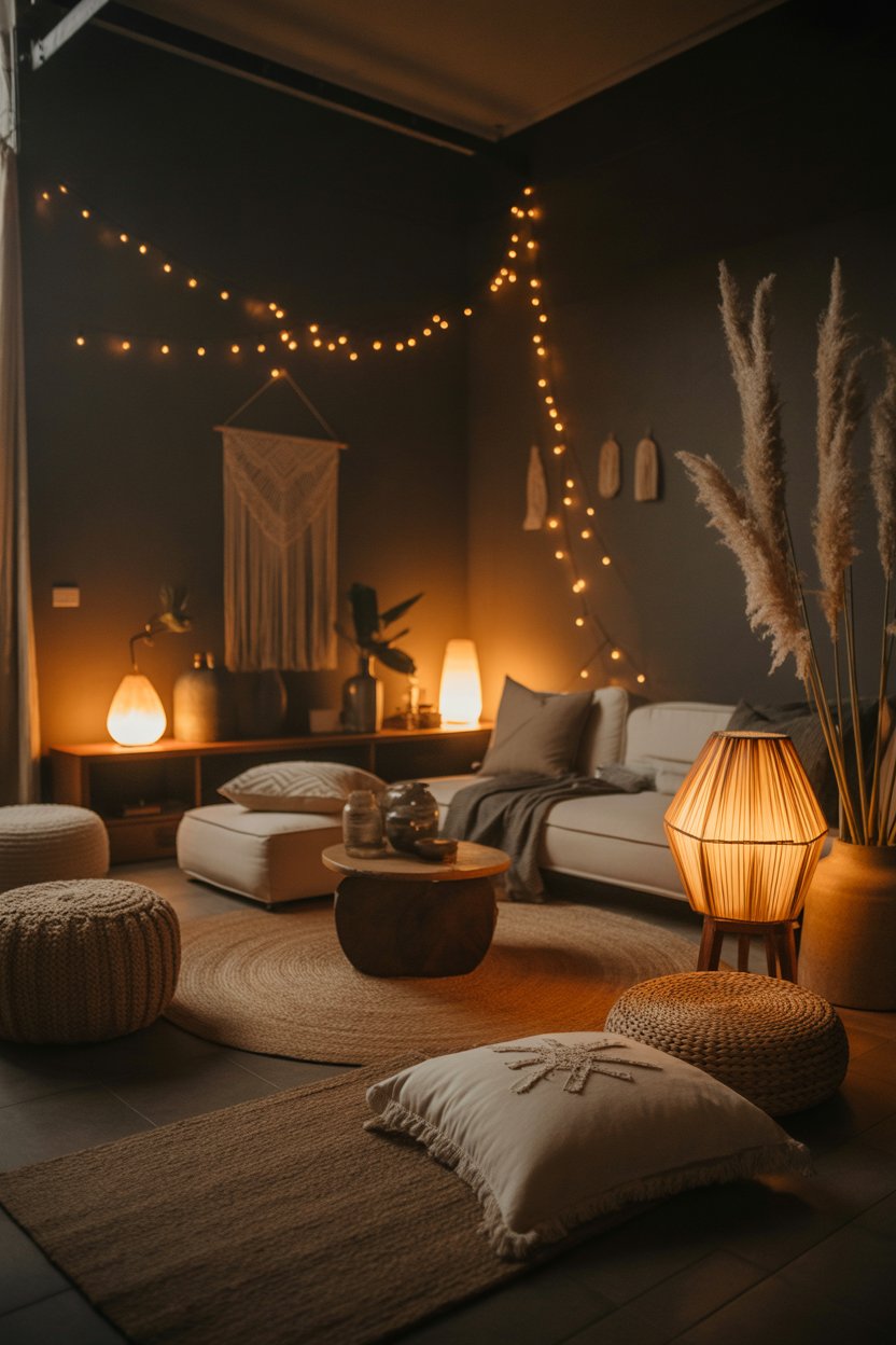 Cozy boho living room with warm lighting and soft glow
