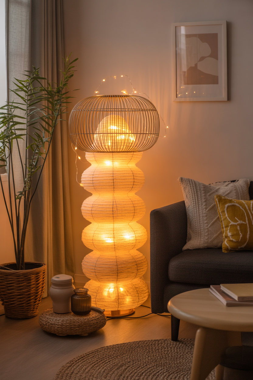 Warm ambient lighting with fairy lights in a boho living room