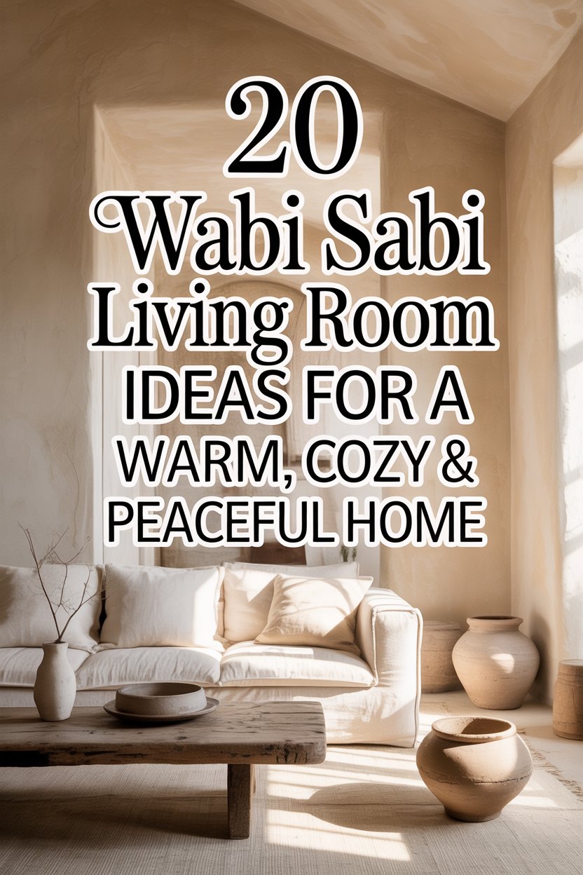 wabi sabi living room with cozy neutral tones, natural wood furniture and peaceful minimal decor