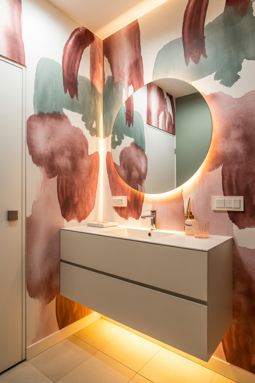 Soft abstract watercolor wallpaper in dusty rose and sage in a powder room with white floating vanity and warm under-sink LED lighting