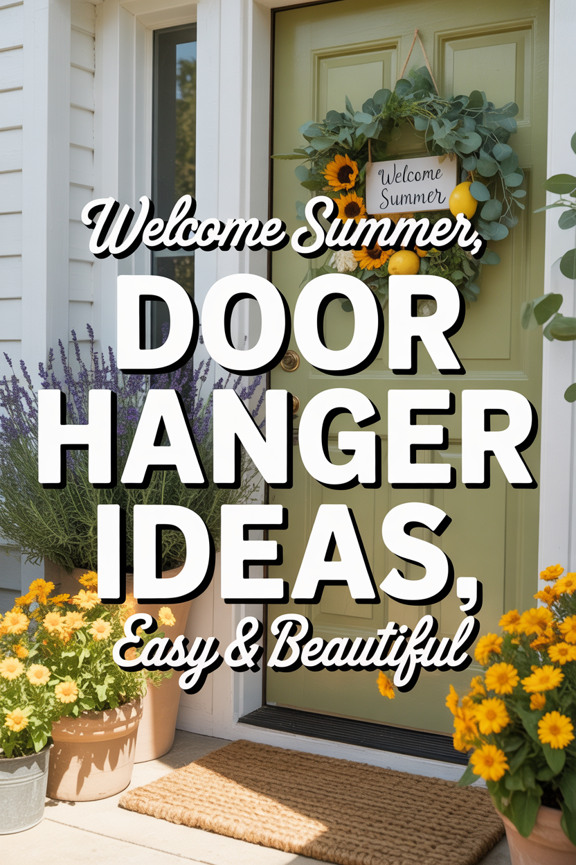 Summer front door decorated with a stylish welcome door hanger featuring flowers, greenery, and bright seasonal decor for a warm entryway