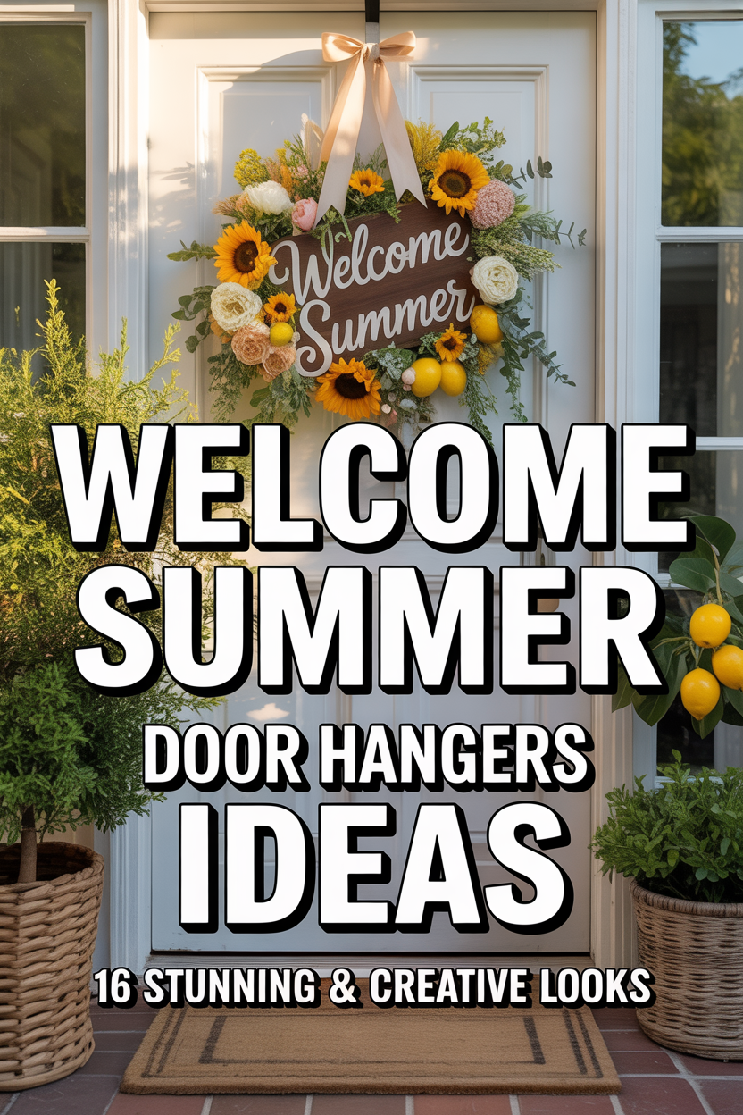 Bright summer front door with a decorative welcome hanger, floral accents, and bold text showcasing creative and stunning seasonal ideas
