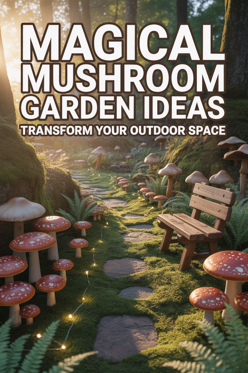 whimsical mushroom garden with fairy lights
