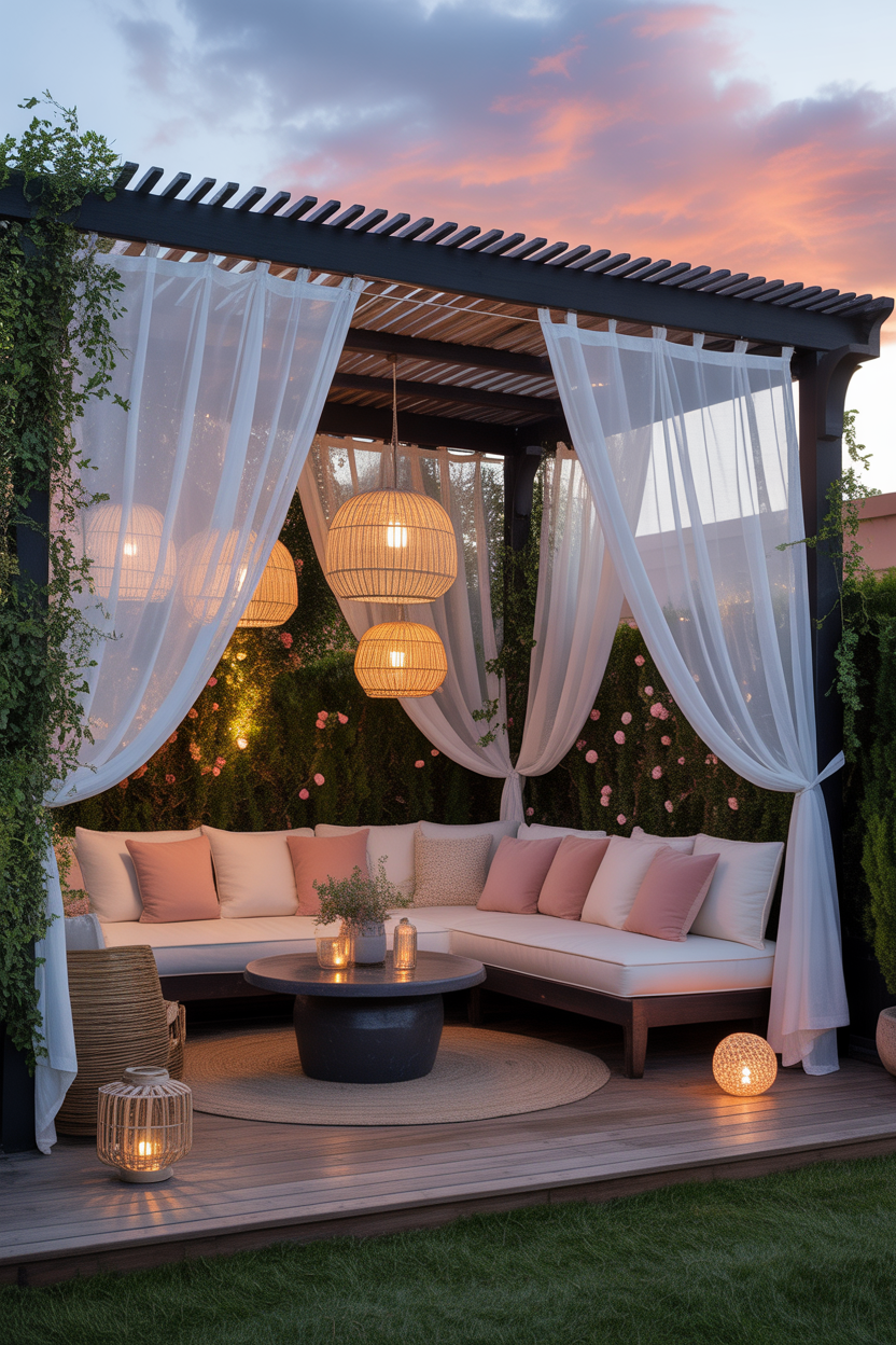 white fabric pergola patio ideas with soft lighting and romantic outdoor seating
