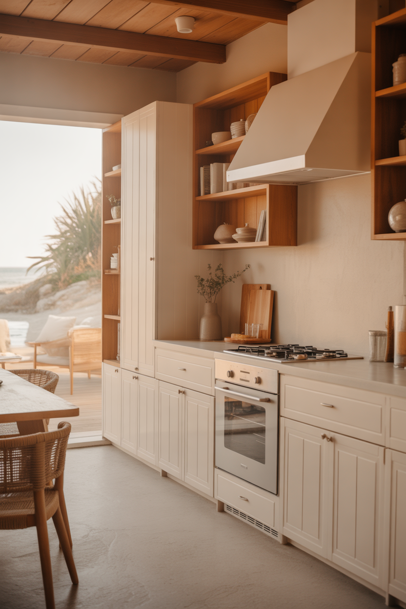 White oak coastal kitchen cabinets with natural wood and airy design