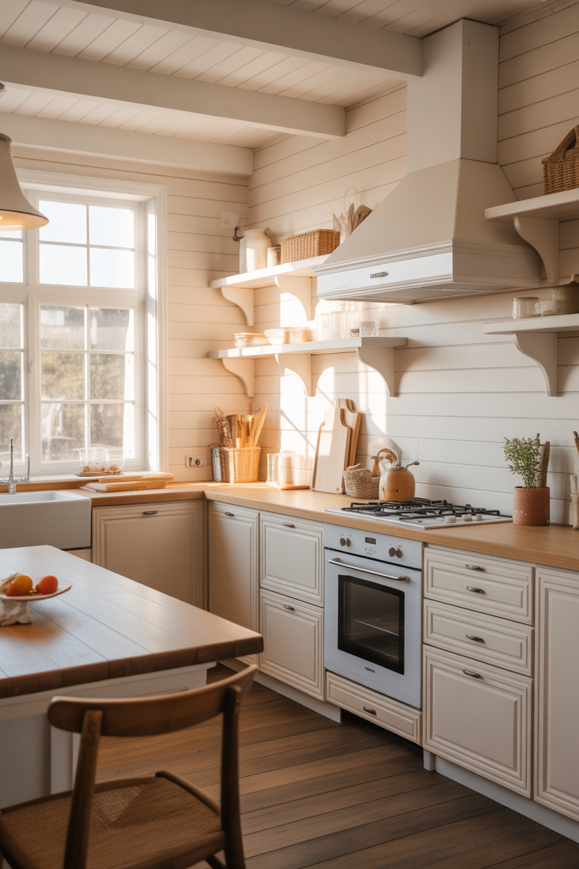 White shiplap coastal kitchen backsplash with warm wood and beach house feel