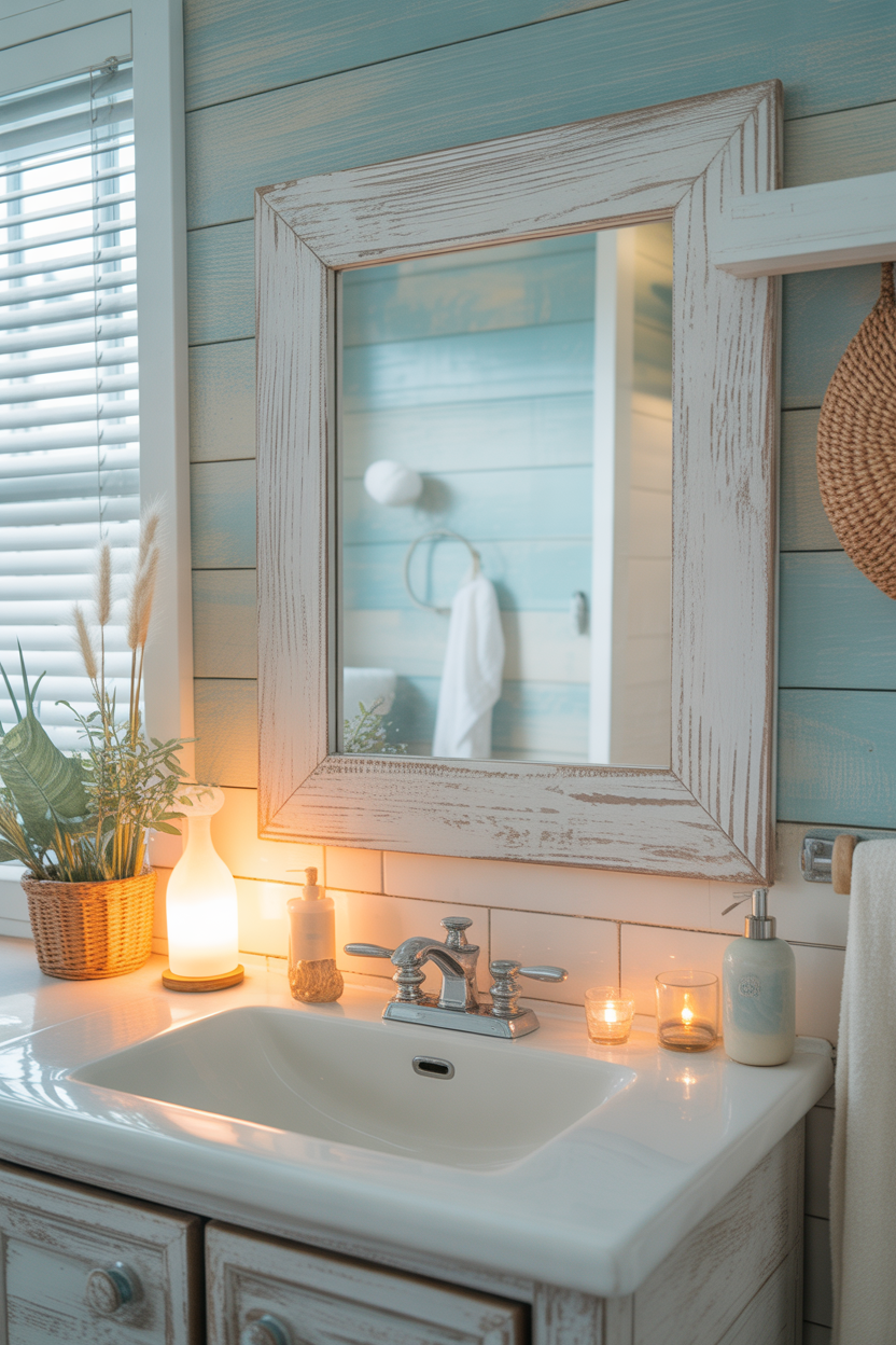 whitewashed coastal bathroom mirror ideas with soft lighting