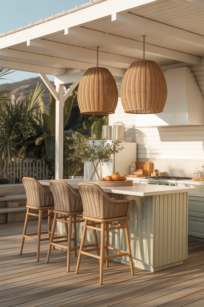 Coastal kitchen ideas with rattan furniture and wicker accents