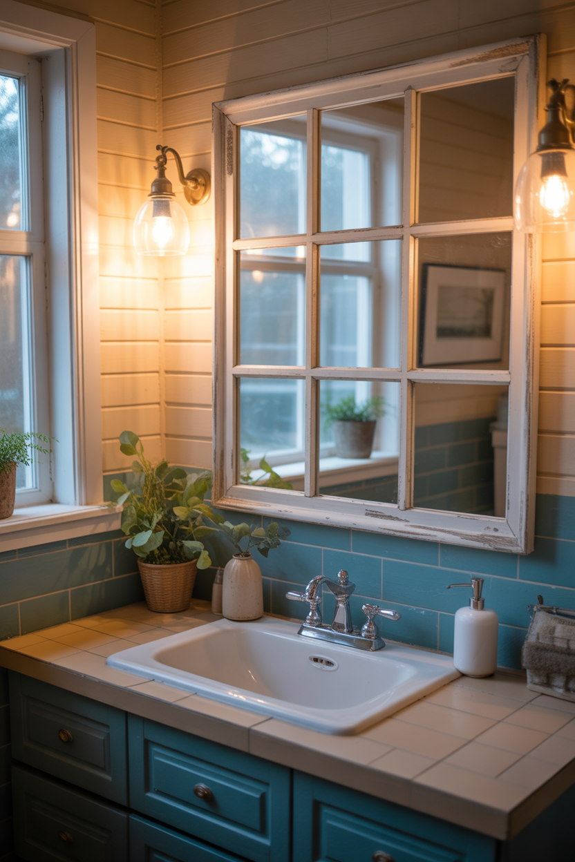 window pane coastal bathroom mirror ideas with cozy cottage lighting