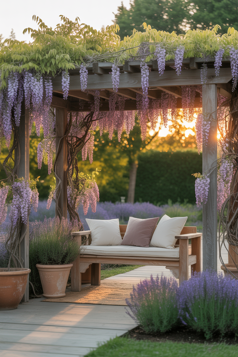 wisteria-covered pergola patio ideas with romantic garden seating and soft lighting