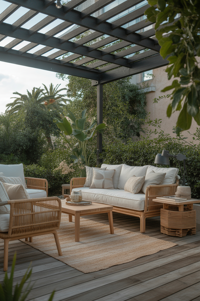 pergola patio ideas with woven furniture and neutral cozy seating design
