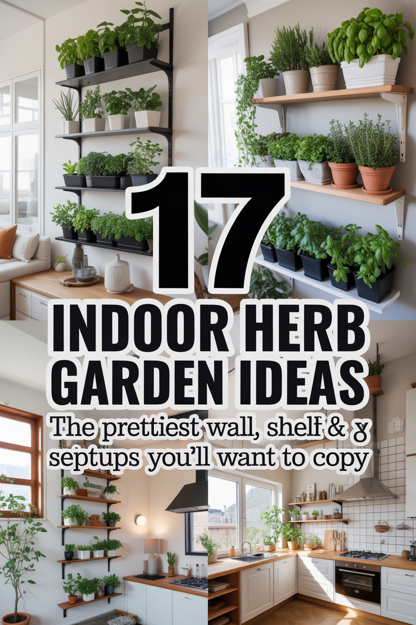 Pinterest-style indoor herb garden ideas cover with bold text and modern wall shelf hanging herb garden setups