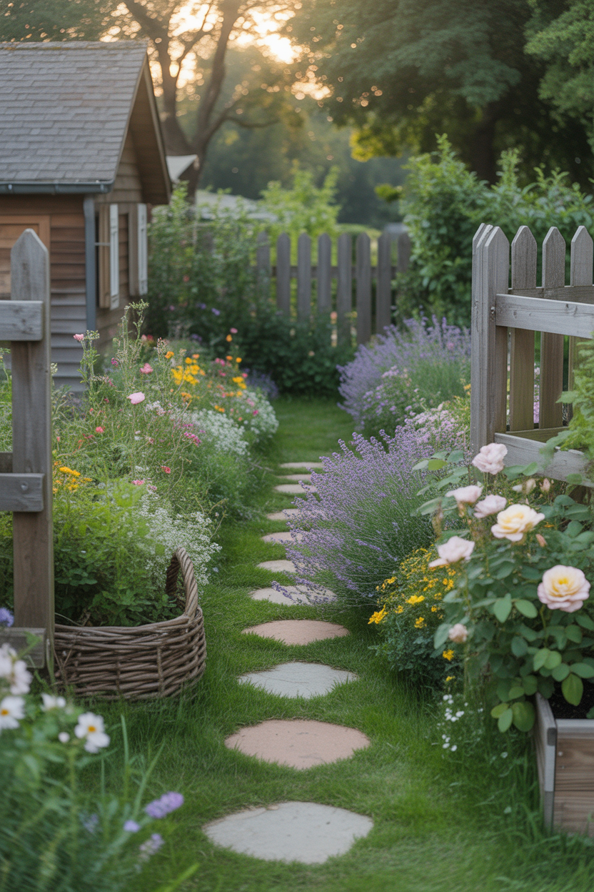 Beautiful cottage garden backyard with colorful wildflowers, roses, and rustic pathways inspired by stunning cottage garden ideas for a dreamy outdoor escape