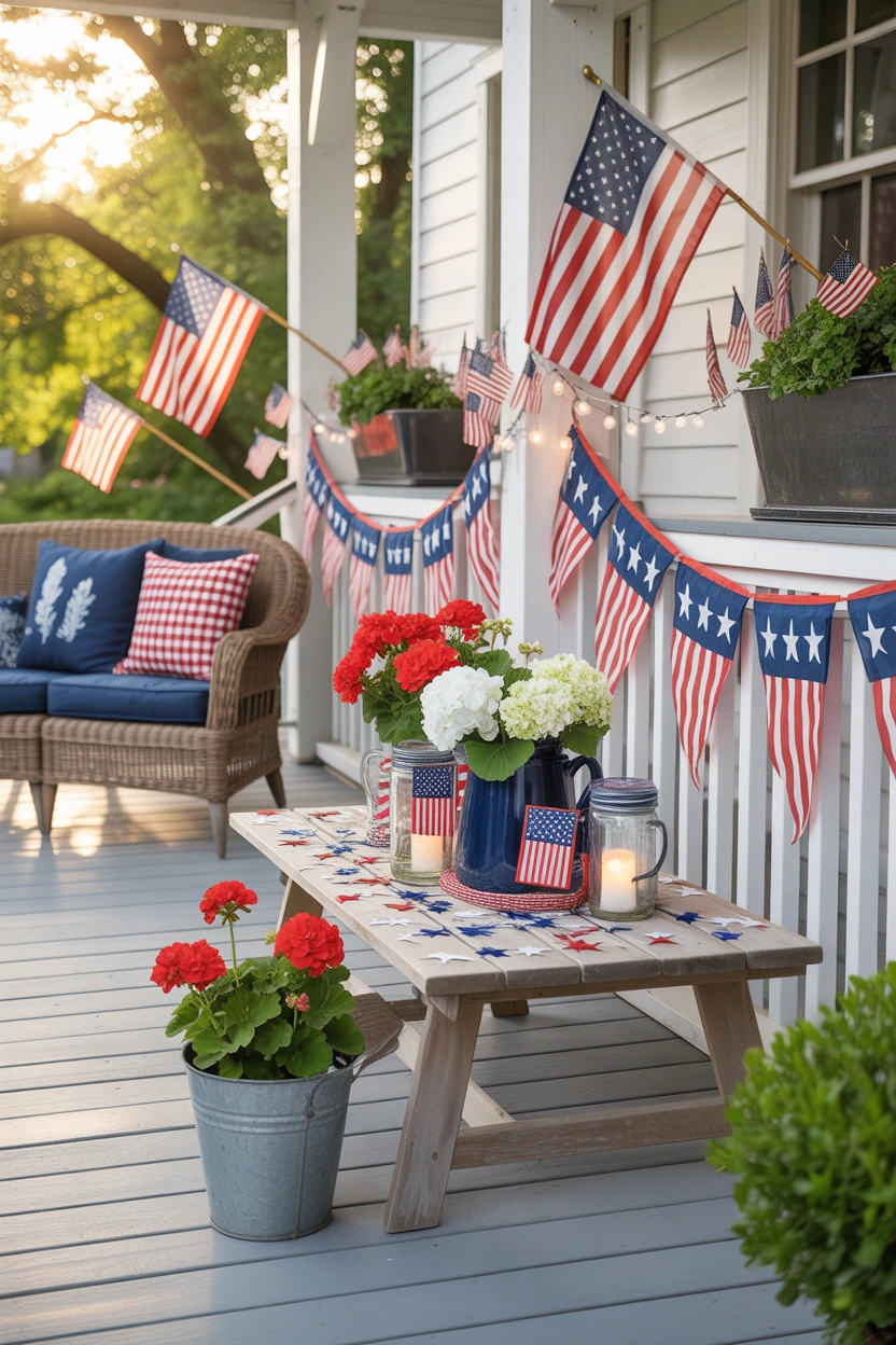 Festive 4th of July home decor with patriotic decorations and summer styling